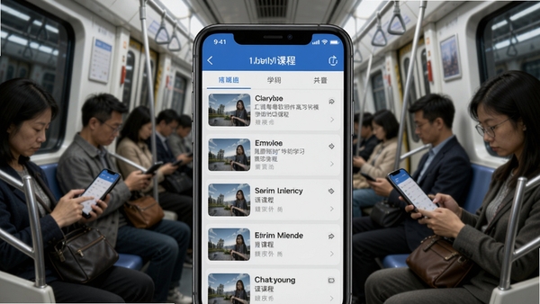 Chill粤软件离线学习模式示意图，手机屏幕显示已下载课程列表，背景为地铁车厢内乘客使用手机场景，强调随时随地可学习的便捷特性
