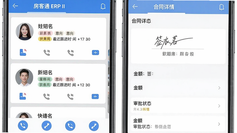 一张手机界面截图，展示房客通ERP II客户列表页，每个客户卡片显示头像、姓名、意向标签、最近跟进时间，底部有快速拨号图标；另一侧显示合同详情页，包含签名位置、金额字段、审批状态，整体色调为浅灰与蓝色搭配