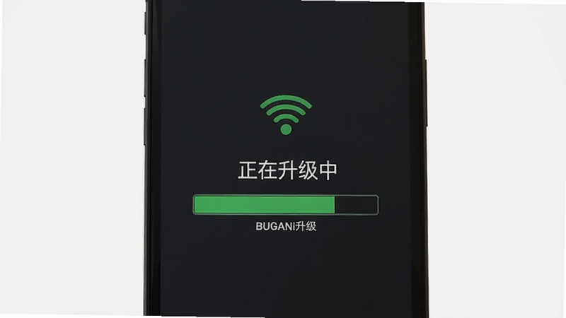 BUGANi固件升级进度条界面，手机屏幕显示“正在升级中”，背景为暗色调，有无线信号图标，整体风格简约