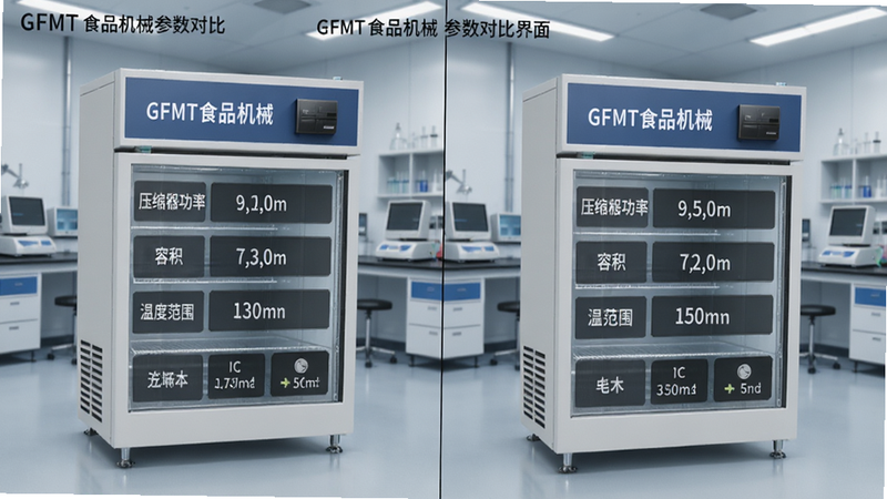 GFMT食品机械参数对比界面,左右分屏显示两台不同型号的冷藏柜,标注压缩机功率、容积、温度范围等数据,背景为实验室风格