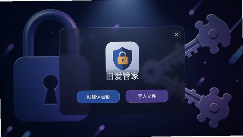 一张展示加密保险箱界面的图片,背景是锁与钥匙的抽象设计,旧爱管家的图标位于中央,界面中有“创建保险箱”、“导入文件”按钮,颜色以深蓝与紫色为主,灯光从上方照射,营造神秘安全氛围。