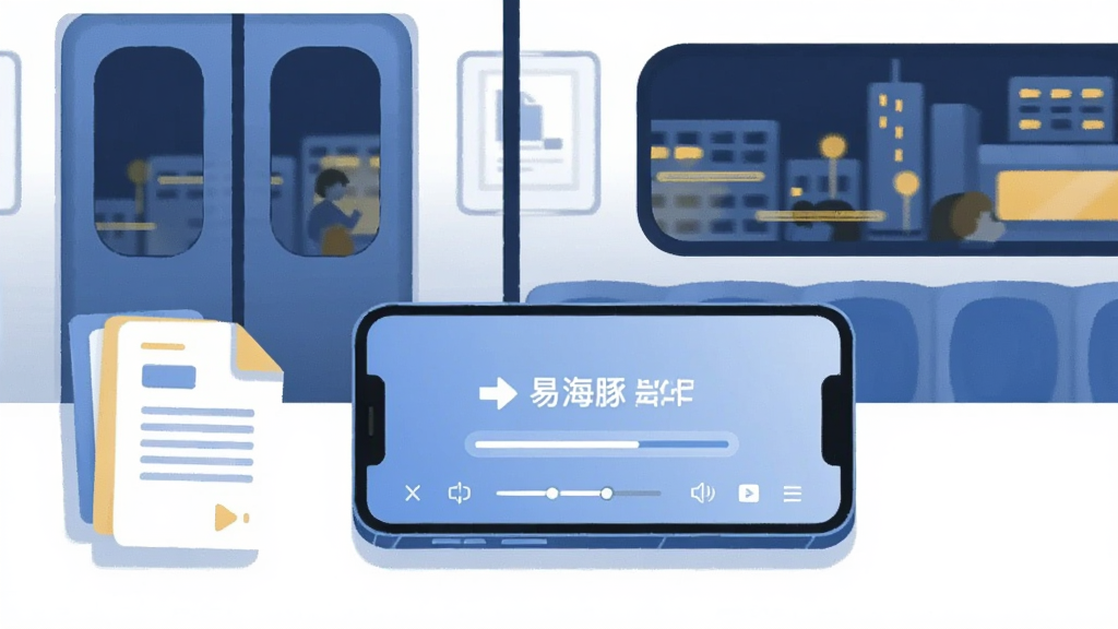 清新扁平插画，画面主体(坐标x:0.4,y:0.55)为一台横放手机正在播放易海豚APP缓存课程，屏幕上方显示下载完成提示与进度条，旁边堆放讲义文件图标；背景区域(坐标x:0.76,y:0.35)为地铁车厢剪影与窗外流动的城市灯光，暗示通勤学习场景，蓝白主色调加入少量暖黄点缀，画面温馨有生活气息