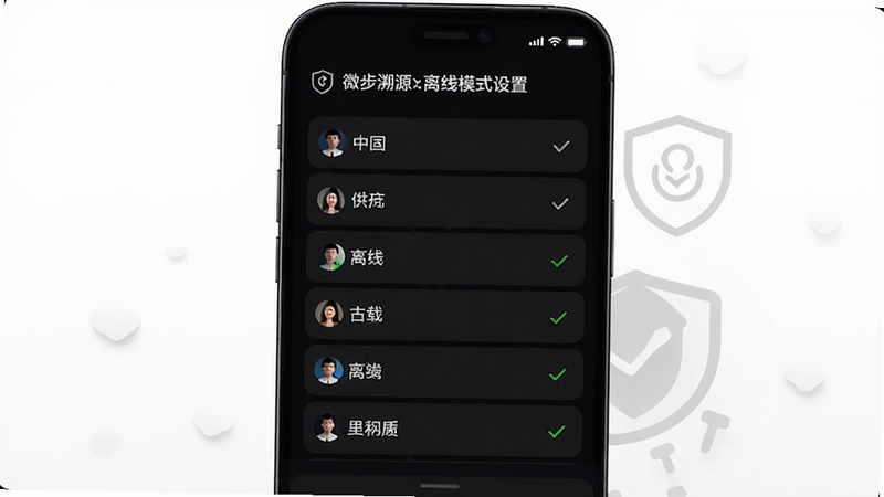 微步溯源x离线模式设置界面，手机显示离线语言包下载列表，有中文、英文等，已下载状态显示绿色勾，背景为深色夜间模式，强调隐私保护图标