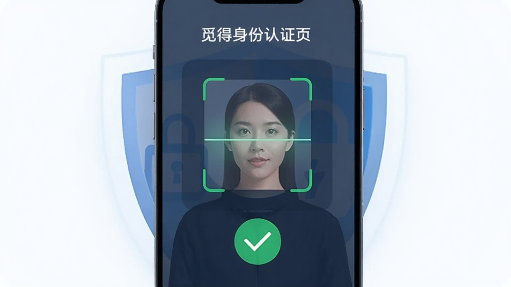 觅得身份认证页面，显示人脸识别扫描框，绿色对勾图标，背景盾牌形状，安全可信赖，竖屏