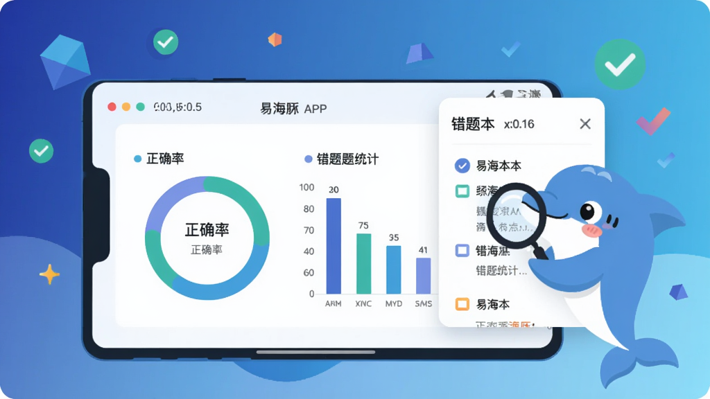 数据可视化风格插画，画面主体(坐标x:0.5,y:0.5)为易海豚APP练习报告页面，屏幕中央显示环形正确率图表与柱状错题统计，右侧弹出错题本卡片，卡通海豚吉祥物举着放大镜检查题目，背景区域(坐标x:0.5,y:0.16)为深蓝到浅蓝渐变并漂浮几何图形与对勾符号，扁平设计，线条干净，色彩层次分明