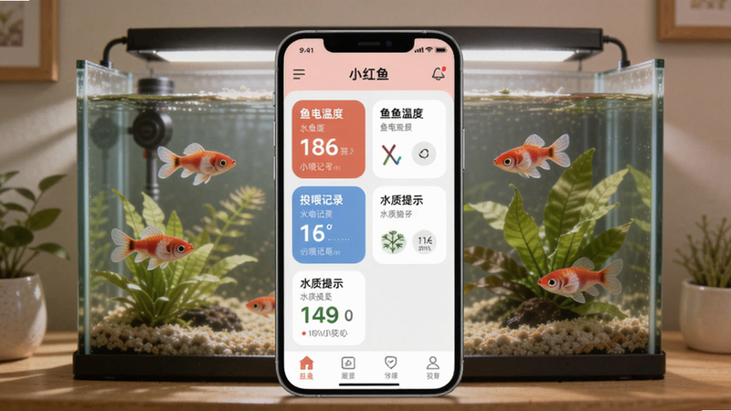 小红鱼养鱼管理助手全貌,画面中央是一部手机显示小红鱼APP主界面,界面内有鱼缸温度、投喂记录、水质提示等卡片,背景是温馨的家庭鱼缸,游动着红色小鱼,水草茂盛,光影柔和,整体风格清新简约,适配Boogu模型生成