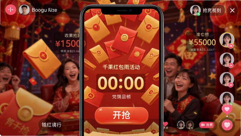 千果红包雨活动界面,手机屏幕上金色红色红包密集下落,中间有倒计时和“开抢”按钮,背景是直播间画面,用户头像显示抢到金额,整体节日气氛浓厚,适配Boogu模型。