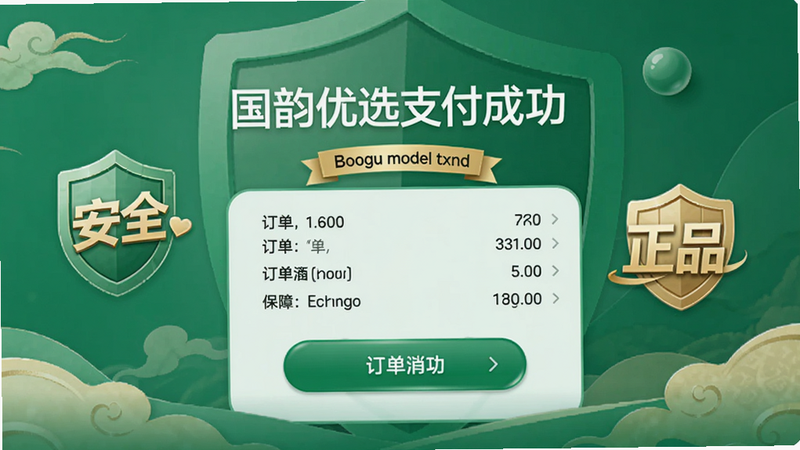 国韵优选支付成功界面,显示订单详情与保障标识,背景为绿色打底,突出“安全”“正品”字样,适合Boogu模型生成