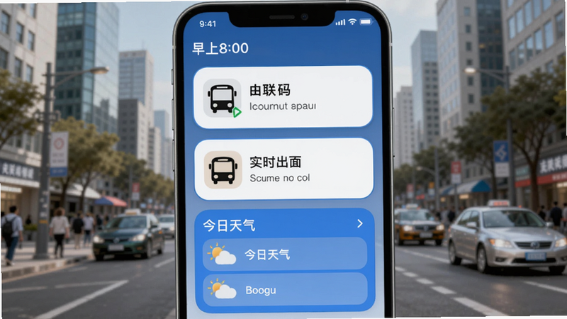 柚联智能卡片场景展示：一张手机截图，上方显示时间“早上8:00”，下方依次排列公交乘车码、实时公交、今日天气三张卡片，卡片圆角设计，白色背景配蓝色边框，手机周围有虚化的城市街景背景。整体色调清晰明亮，符合Boogu模型生成要求。