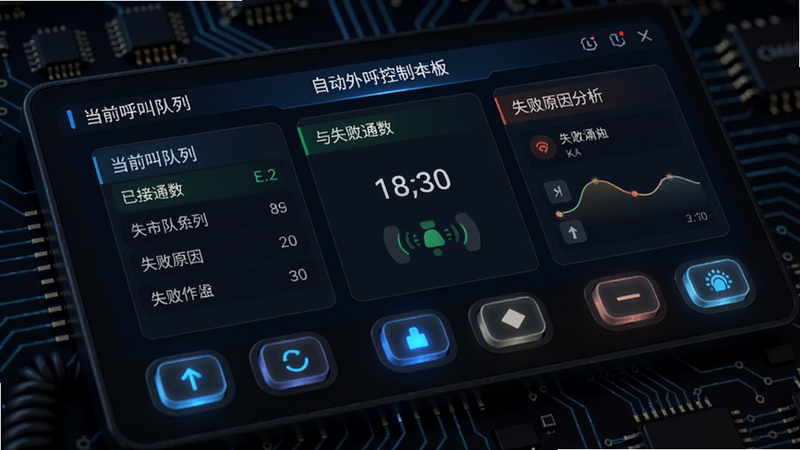 电销牛马自动外呼控制面板特写，显示当前呼叫队列、已接通数与失败原因分析，界面采用卡片式布局，按键有按压反馈光效，背景为深色科技感电路板纹理，突出智能与自动化