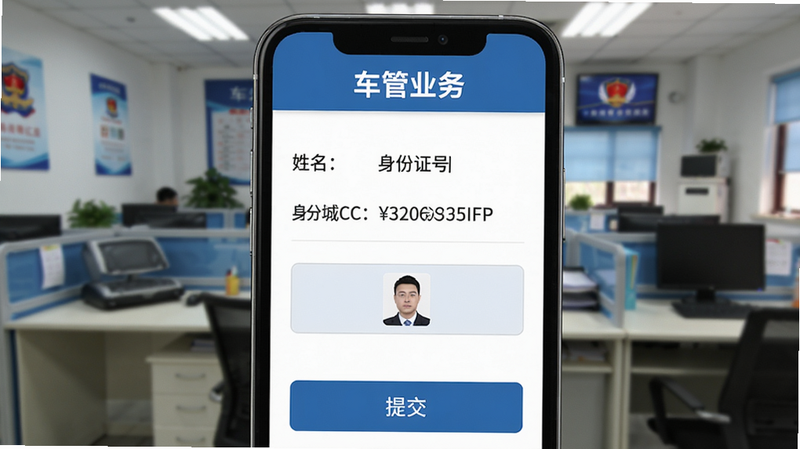 车城CC车管业务办理界面截图，模拟手机屏幕显示驾驶证换证申请页面，包含姓名、身份证号、照片上传按钮、提交按钮，顶部有“车管业务”标题，背景为办公环境，突出线上办理的便捷性。