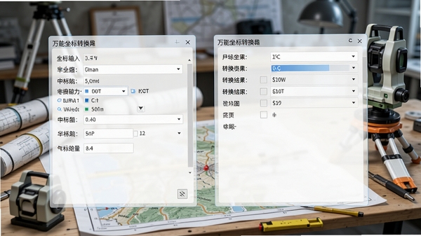 万能坐标转换软件主界面截图，左侧为坐标输入区域，右侧为转换结果输出区域，背景为专业测绘工作台，包含地图、测量仪器元素，界面清晰简洁，整体风格偏商务科技感