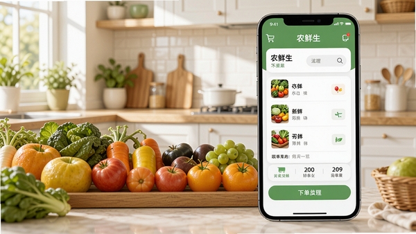 农鲜生应用主界面预览图，展示新鲜蔬果陈列与简洁下单流程，背景为明亮厨房场景，色彩鲜艳，细节丰富，适配Boogu模型生成