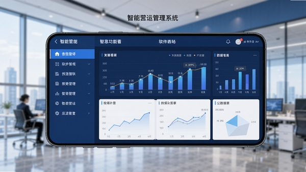 智慧营运管理系统主界面预览图，画面主体为手机APP界面展示，左侧1/3显示功能菜单列表，右侧2/3显示数据看板图表，背景为现代商务办公环境虚化，蓝白配色，UI设计简洁清晰，适配Boogu模型生成，软件名称文字居中显示