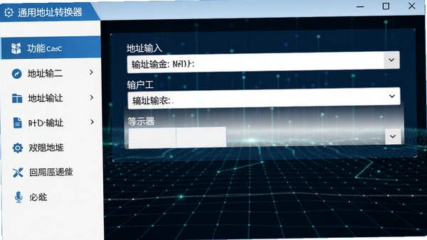 通用地址转换器主界面截图，左侧为功能菜单栏，右侧为地址输入输出区域，整体采用蓝白配色，界面布局清晰简洁，背景为深色科技感网格纹理