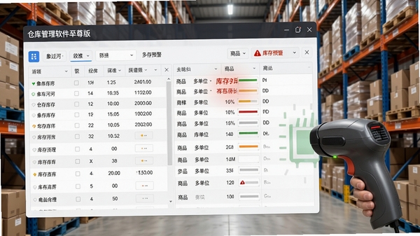 象过河仓库管理软件至尊版库存管理界面截图,展示多仓库库存列表、库存预警提示和商品多单位信息,背景为仓库货架与扫码枪,界面数据清晰,专业感强,视觉风格写实,适合功能展示