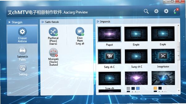 艾奇MTV电子相册制作软件主界面预览图，展示清晰的功能分区和素材导入区域，背景为淡雅的渐变蓝色科技感风格