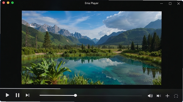 Enia Player软件主界面预览图，展示其简洁的视频播放器外观，深色背景突出视频画面，下方是半透明的控制栏，包含播放、暂停、进度条、音量调节等基础功能按钮，整体风格现代且干净，画面中央显示一部正在播放的自然风光纪录片，色彩鲜艳，细节清晰