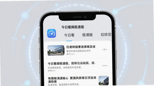今日看闻极速版主界面预览图，手机屏幕展示新闻列表，上方为分类标签栏，整体风格简洁明亮，背景为浅灰色，突出应用图标和新闻标题，画面中心聚焦于手机屏幕，周围有柔和的光晕效果，体现极速流畅的体验。