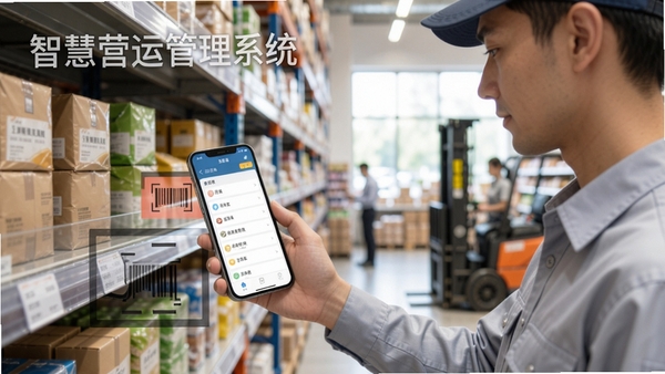 智慧营运管理系统移动端使用场景示意图，画面展示一名工作人员手持手机在货架前扫码巡检，手机屏幕显示任务列表界面，背景为超市或仓库环境，自然光线，人物动作自然，软件名称以半透明水印形式置于画面左上角