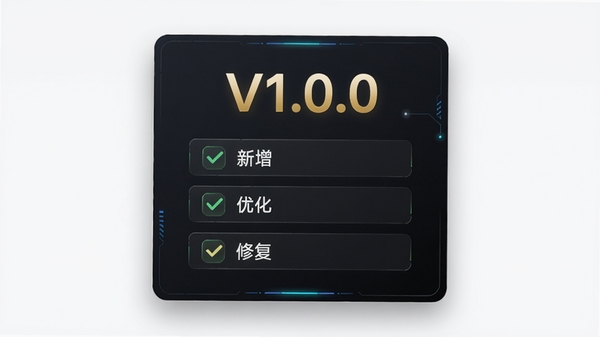 Aloy软件版本更新日志配图，画面设计成一张简洁的深色背景卡片，中央有一个金色的“V1.0.0”字样，下方罗列着“新增”、“优化”、“修复”三个带有对勾符号的条目，整体风格科技感十足