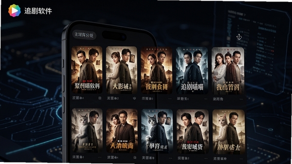 追剧喵软件主界面预览图，展示聚合影视资源列表，背景为深色科技感氛围，前景是手机界面，界面中有多个电视剧海报缩略图，整体风格现代简洁，高清渲染