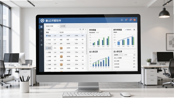 象过河仓库管理软件至尊版主界面预览图,展示商品列表、库存数量、出入库记录等核心功能模块,背景为现代简约办公场景,屏幕上方显示软件名称Logo,整体界面清晰明亮,数据图表直观可见,采用专业商务风格,画面比例为16:9,细节丰富,适合软件介绍配图