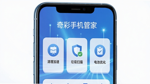 奇彩手机管家主界面展示，手机屏幕显示清理加速、垃圾扫描、电池优化三大核心功能卡片，背景为渐变蓝色科技感光效，界面简洁明亮，整体风格现代，手机居中，侧面有微光反射，突出软件名称“奇彩手机管家”字样
