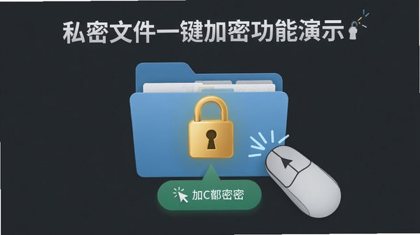 私密文件一键加密功能演示图，画面展示鼠标点击加密按钮后文件夹上出现金色锁图标，背景为深灰色调，突出加密过程的简单快捷