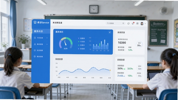 SeewoService软件整体预览图，展示其作为希沃设备核心后台服务的运行界面，画面中央是简约的仪表盘风格，显示服务状态与系统资源占用，背景为教室场景，采用蓝白配色，风格专业清晰