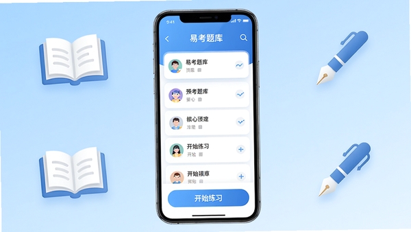 易考题库主界面预览图,手机屏幕显示题库列表和开始练习按钮,背景为浅蓝色渐变,书籍和笔的图标元素点缀,整体风格简洁现代,高清渲染