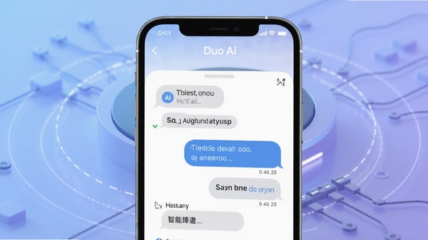 Duo Ai 应用主界面展示,以简洁的智能手机为前景主体,屏幕显示AI对话窗口,背景为柔和的渐变蓝紫色科技感光效,整体风格现代、明亮,突出智能助手的人性化交互体验