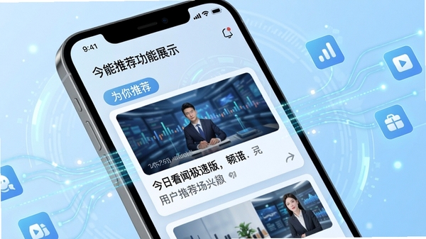 今日看闻极速版智能推荐功能展示，手机界面显示个性化新闻卡片，带有“为你推荐”标签，背景为淡蓝色科技感光效，图标周围有数据流动线条，强调算法精准匹配用户兴趣，画面清晰明亮。