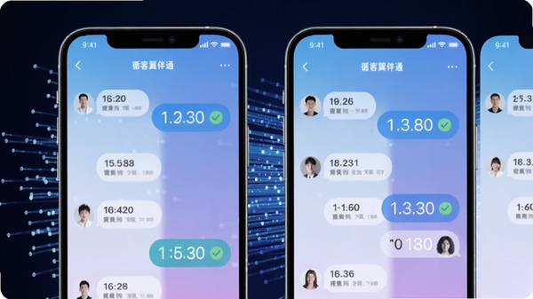一组手机界面动态效果图,显示循客翼伴通正在自动发送消息,聊天气泡带有时间戳与已读回执图标,背景是抽象的光纤网络,寓意连接与沟通,色调以蓝紫渐变为主,体现自动化技术的流畅感。