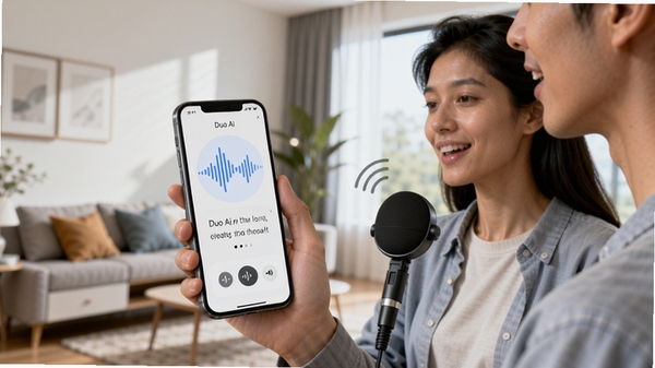 Duo Ai 语音交互场景图,人物手持手机对着话筒说话,界面显示声波动画和语音转文字结果,背景为现代客厅环境,光线明亮,体现智能语音助手的便捷性