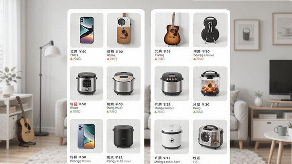 二手平台交易软件的购物浏览界面，双列瀑布流展示各种二手商品，包括手机、吉他、电饭煲等，界面风格清新简洁，背景为淡灰色的室内环境，商品图片清晰，营造出舒适的线上淘货氛围。
