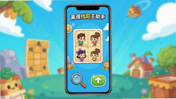 离谱找茬王助手主界面预览图,手机屏幕展示找茬关卡,背景为色彩鲜艳的卡通风格,界面简洁,有放大镜和提示按钮,整体明亮清晰,突出辅助工具的实用性与趣味性