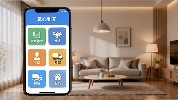 掌心到家软件主界面预览图，手机屏幕显示家政维修、保洁、搬家等服务卡片，背景为现代简约客厅，暖色调灯光，画面清晰，突出软件名称掌心到家，竖版构图