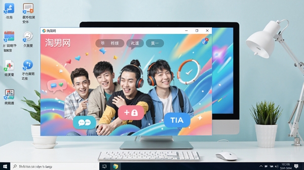 淘男网桌面主界面预览图，展示软件在Windows桌面上的运行状态，画面主体为软件主窗口和动态壁纸效果，背景为整洁的电脑桌面环境，整体风格明亮活泼，色彩清新，突出社交互动与桌面美化融合的特点