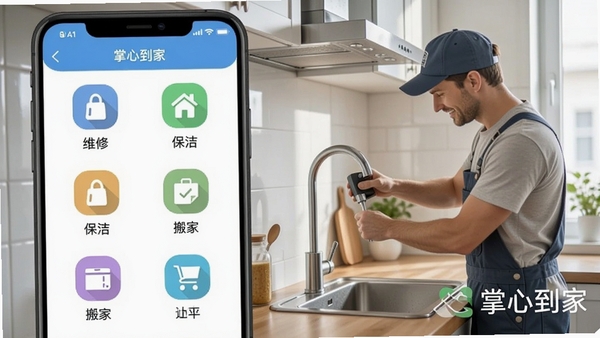 掌心到家APP内服务分类界面，显示维修、保洁、搬家等图标，背景为明亮厨房场景，师傅正在维修水龙头，画面真实自然，带有掌心到家软件名称水印