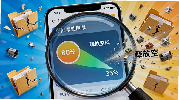 Aloy软件清理功能界面示意图，画面展示一个手机屏幕的放大视图，上面显示存储空间使用率从80%降至35%的动态过程，周围有破碎的文件夹和垃圾碎片被扫走的视觉特效，色彩明亮，突出“释放空间”的主题