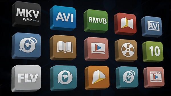 深度WMP通用解码包支持的视频格式图标墙,包含MKV、AVI、RMVB、FLV等常见格式LOGO,背景为深色渐变,图标立体悬浮,色彩鲜明