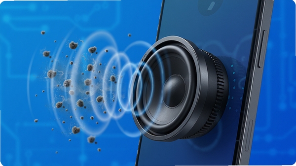 扬声器清洁助手软件主界面，手机扬声器部位发出声波震动，周围有细小灰尘颗粒被震出，背景为简洁的科技蓝渐变，画面主体突出，细节丰富，适合软件介绍图