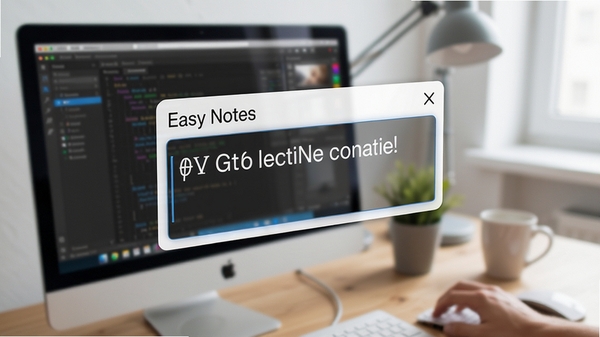 展示Easy Notes快速记录功能的场景，一个简洁的悬浮输入框出现在电脑屏幕前，背景是模糊的办公桌面，输入框内有文字示例，突出快速捕捉信息的特点，画面风格清爽，强调效率。