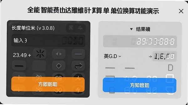 全能智能免费达维计算器单位换算功能演示，展示长度单位米与英尺的转换过程，界面左侧为输入区，右侧为结果区，背景为浅灰色简约风格，数据清晰，操作按钮醒目，整体直观易懂。