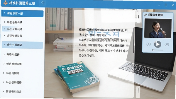韩语老师（标准韩国语第三册）软件主界面预览图，左侧为课程章节列表，右侧展示课文内容与同步朗读控制面板，整体风格简洁清晰，色调以蓝白为主，背景为书房书桌场景，桌上摆放着《标准韩国语》教材与笔记本电脑，画面明亮，细节丰富，16:9横幅构图