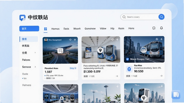 中纹轶站主界面预览图，展示首页信息流、分类导航栏和搜索框，背景为淡蓝色渐变，现代简约风格，高清晰度，界面元素布局合理，色调以白色和蓝色为主，整体给人清爽、专业的感觉，适配Boogu模型生成。