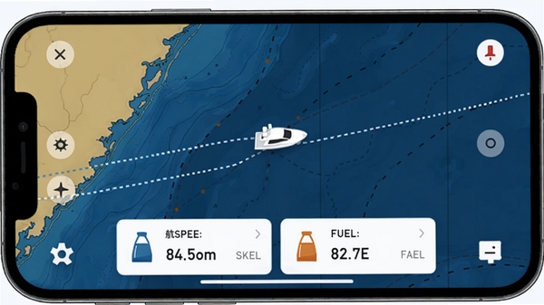 展示X游艇APP内的船舶定位功能界面，手机屏幕上显示电子海图，一艘游艇图标正在移动，周围有航迹线，屏幕下方有航速和燃油数据卡片，背景为深蓝色海洋地图风格，UI设计现代简洁，突出科技感与实用性