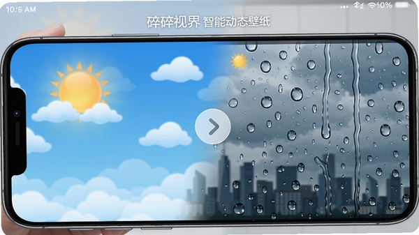 碎碎视界智能动态壁纸效果图,手机屏幕显示根据天气变化的动态壁纸,左侧是晴朗的蓝天白云动画,右侧是雨天玻璃水珠效果,中间用箭头图标连接,背景是城市剪影,画面写实,色彩自然,突出智能切换功能
