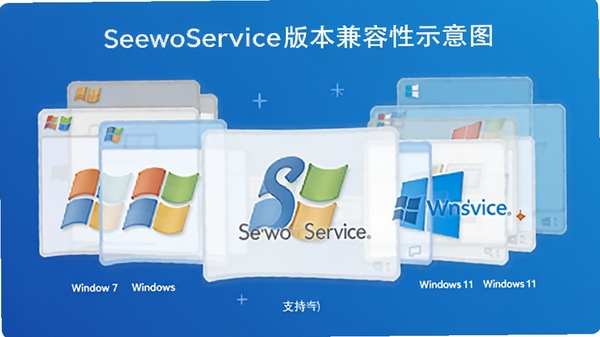 SeewoService版本兼容性示意图，展示其支持从Windows 7到Windows 11的多个系统版本，画面以层叠的窗口图标表示不同系统，中间是SeewoService徽标，背景为渐变蓝色，风格现代简洁